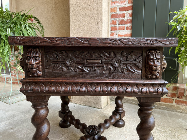 19th century Antique French Square Sofa Table Carved Oak Barley Twist Louis XIII