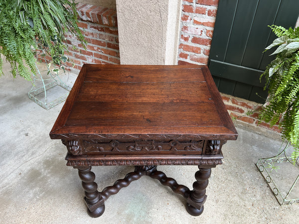 19th century Antique French Square Sofa Table Carved Oak Barley Twist Louis XIII