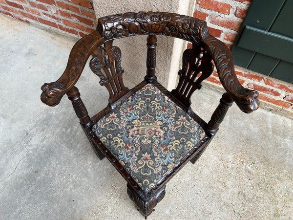Antique English Carved Oak Corner Chair Renaissance