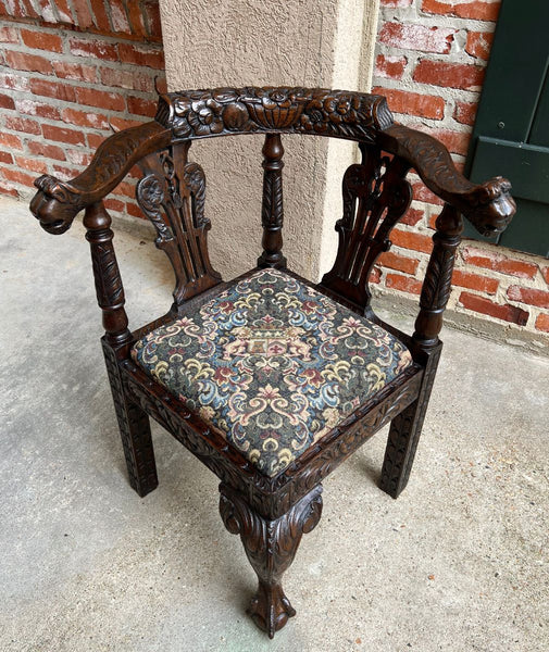 Antique English Carved Oak Corner Chair Renaissance