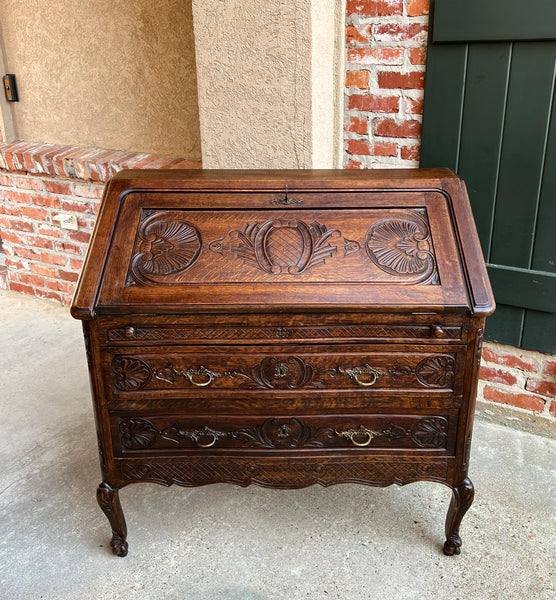 Antique French Carved Oak Secretary Desk Bureau Drop Front Louis XV Style