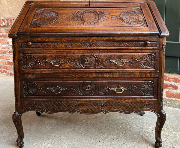 Antique French Carved Oak Secretary Desk Bureau Drop Front Louis XV Style