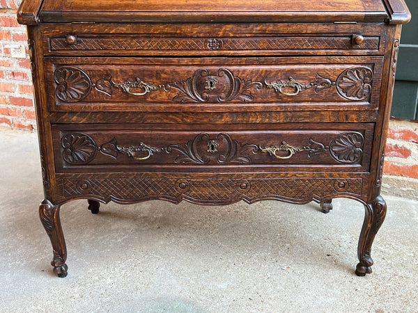 Antique French Carved Oak Secretary Desk Bureau Drop Front Louis XV Style
