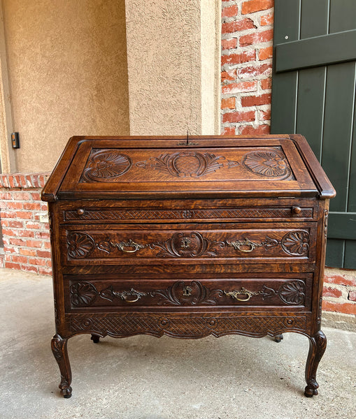 Antique French Carved Oak Secretary Desk Bureau Drop Front Louis XV Style