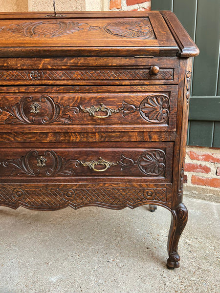 Antique French Carved Oak Secretary Desk Bureau Drop Front Louis XV Style