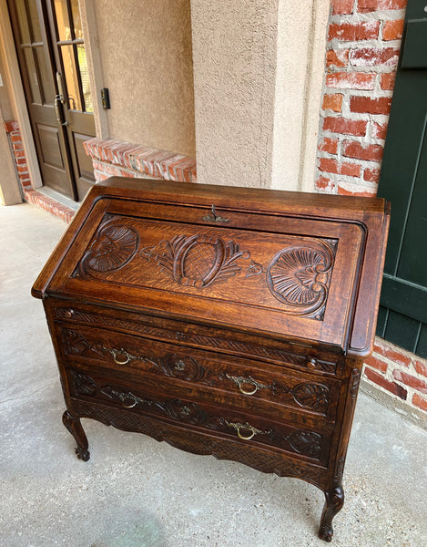 Antique French Carved Oak Secretary Desk Bureau Drop Front Louis XV Style