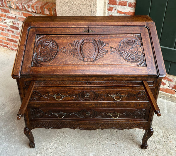Antique French Carved Oak Secretary Desk Bureau Drop Front Louis XV Style