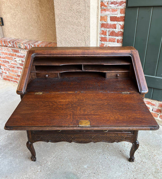 Antique French Carved Oak Secretary Desk Bureau Drop Front Louis XV Style