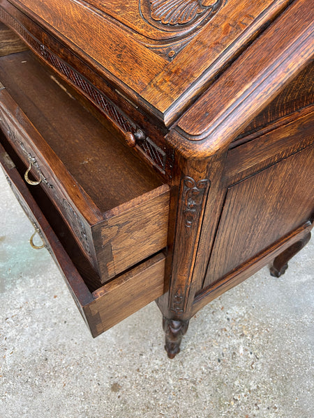 Antique French Carved Oak Secretary Desk Bureau Drop Front Louis XV Style