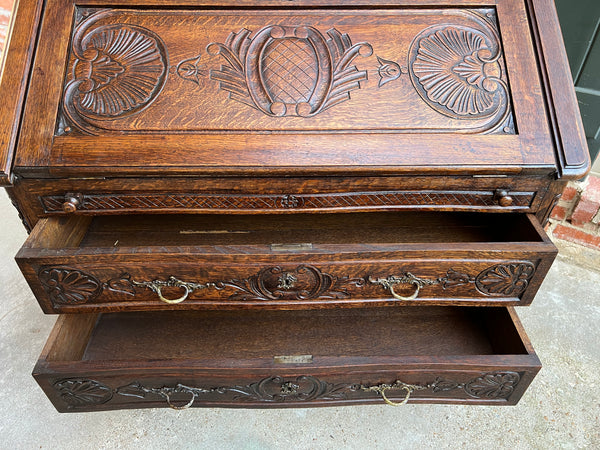 Antique French Carved Oak Secretary Desk Bureau Drop Front Louis XV Style