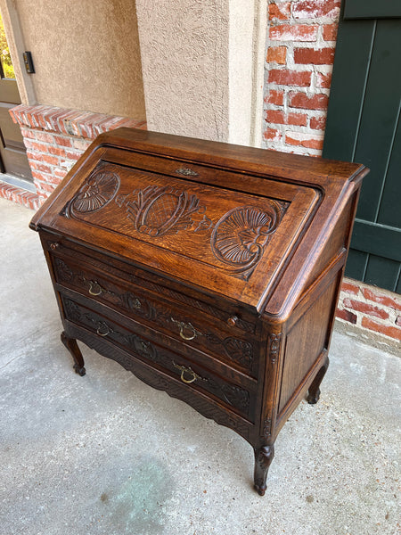 Antique French Carved Oak Secretary Desk Bureau Drop Front Louis XV Style