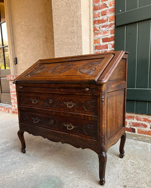 Antique French Carved Oak Secretary Desk Bureau Drop Front Louis XV Style