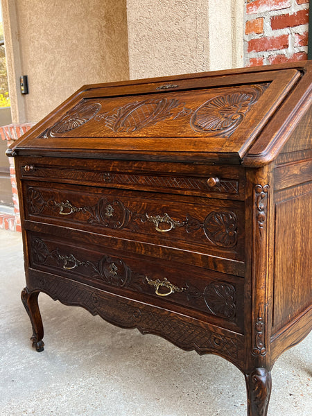 Antique French Carved Oak Secretary Desk Bureau Drop Front Louis XV Style