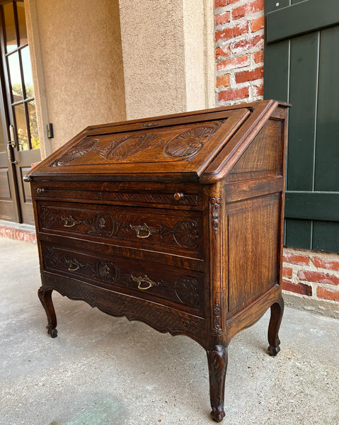 Antique French Carved Oak Secretary Desk Bureau Drop Front Louis XV Style
