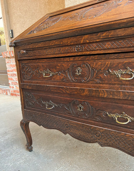 Antique French Carved Oak Secretary Desk Bureau Drop Front Louis XV Style