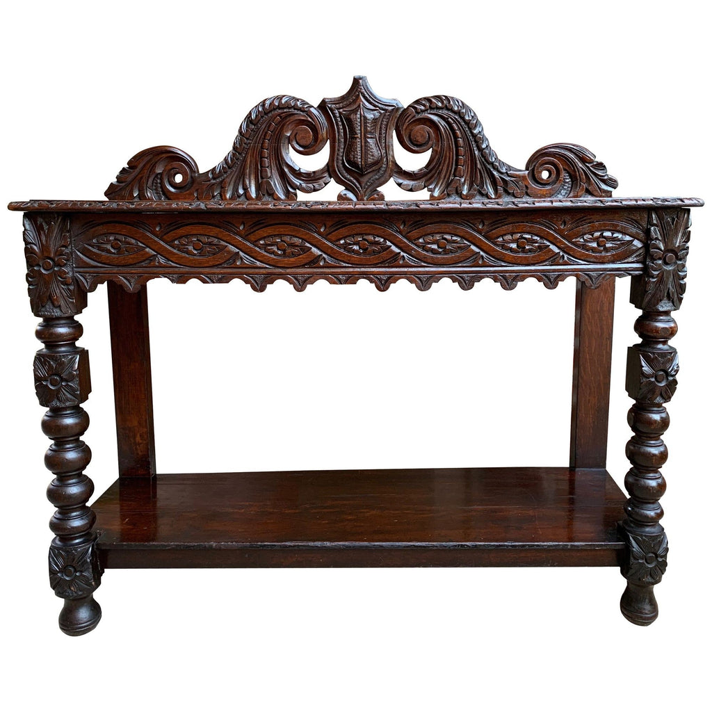 Antique English Carved Oak HALL Foyer TABLE Renaissance Sideboard Shelf Console