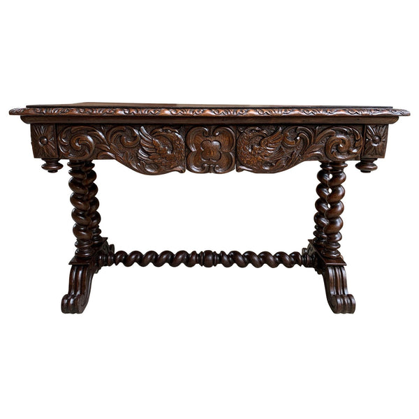 Antique French Console Sofa Table Carved Oak Barley Twist Desk Renaissance c1890