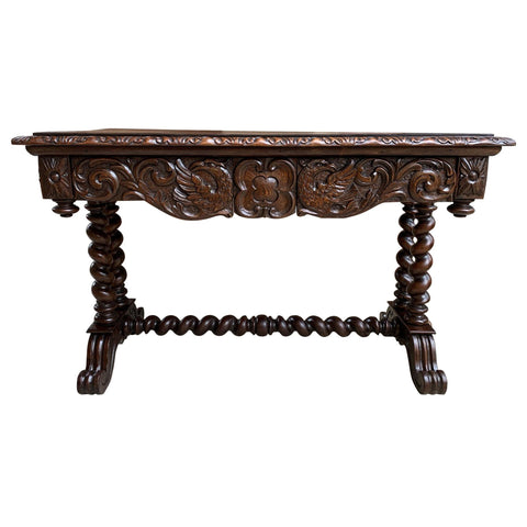 Antique French Console Sofa Table Carved Oak Barley Twist Desk Renaissance c1890