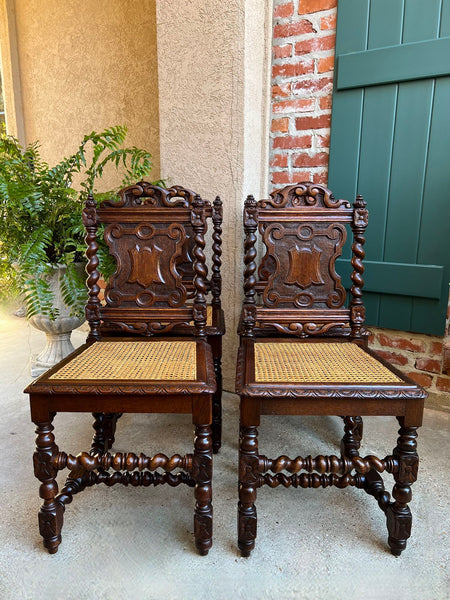 Set 4 Antique French Dining Chairs Barley Twist Cane Seat Carved Oak c1920