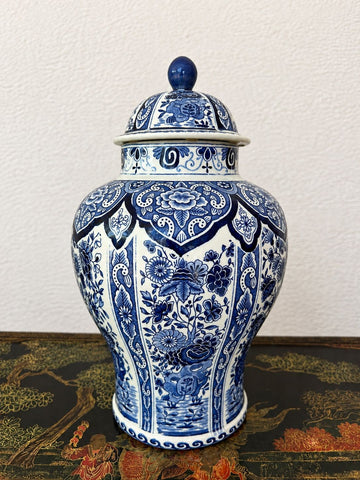 Vintage Large Delft Ginger Jar Vase Blue & White Floral Royal Sphinx Lidded Urn