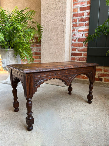 Antique French Bench Stool Gothic Renaissance Coffee Table Carved Oak c1890