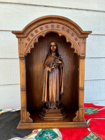 Antique French Carved Oak Statue Niche St. Thérèse Gothic Shrine c1930