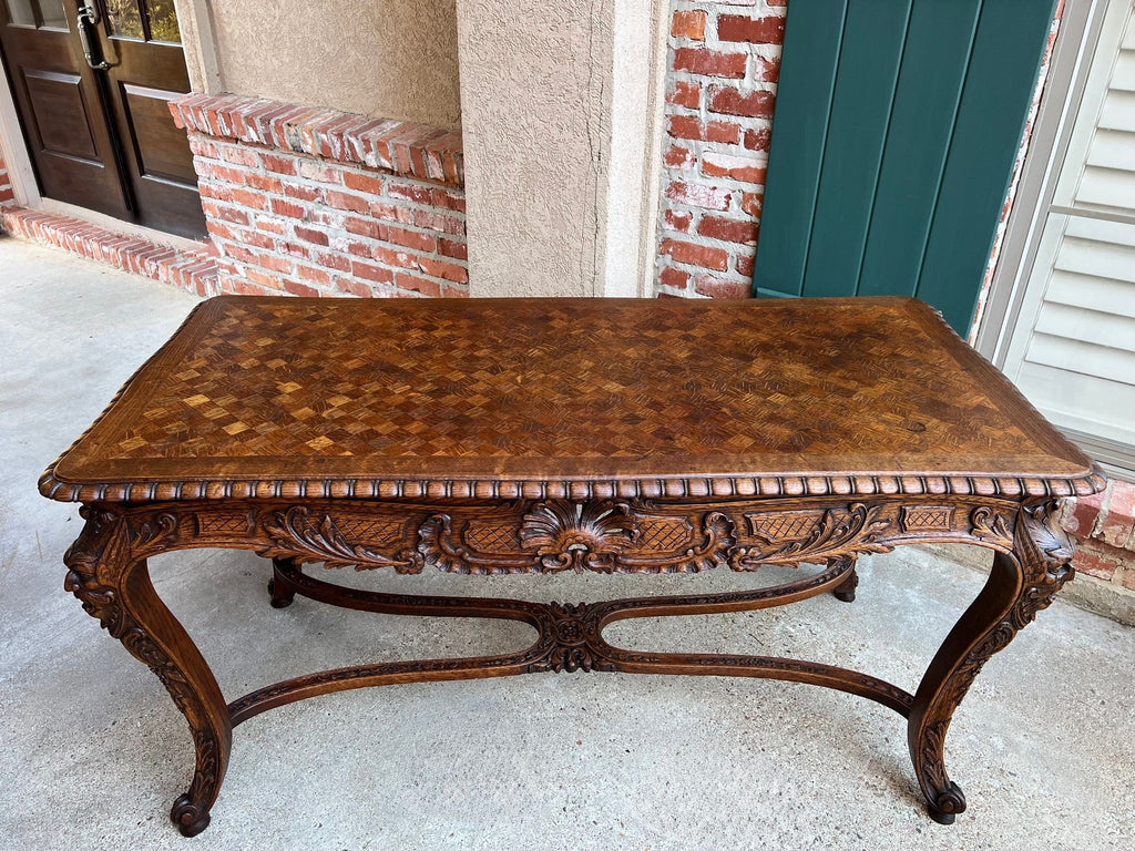 Antique French Center Library Table Louis XV Carved Oak Rococo Parquetry c1890