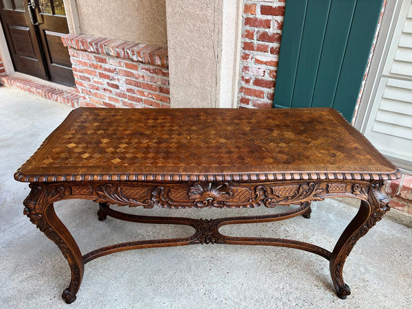 Antique French Center Library Table Louis XV Carved Oak Rococo Parquetry c1890