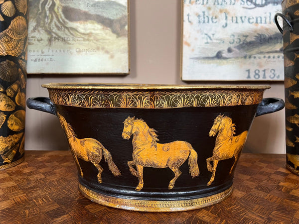 Antique English Planter Jardiniere Horse Equine Black Decoupage Tole Metal c1900
