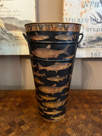 Vintage English Planter Jardiniere Urn Fish Decoupage Black Tole Lodge Décor