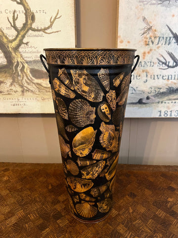 Vintage English Planter Jardiniere Urn Shell Decoupage Black Tole Coastal Décor