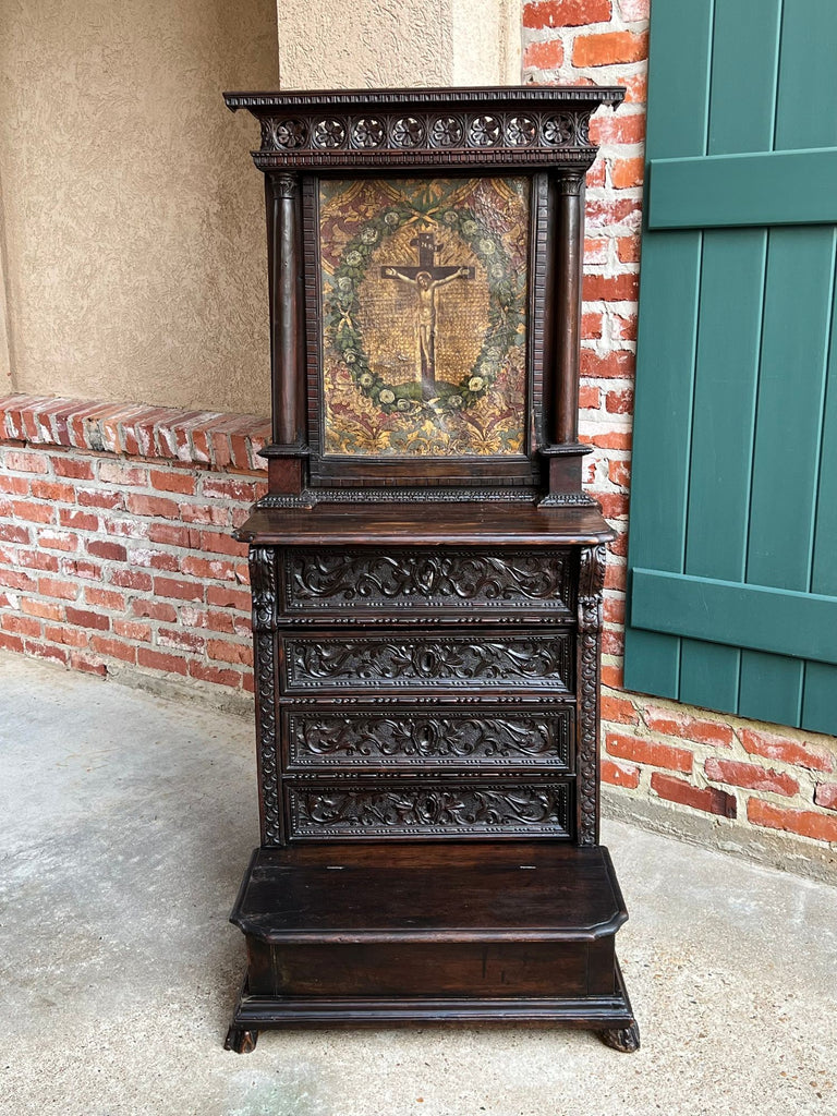 Antique French Gothic Devotional Cabinet Religious Painting Carved Oak Kneeler