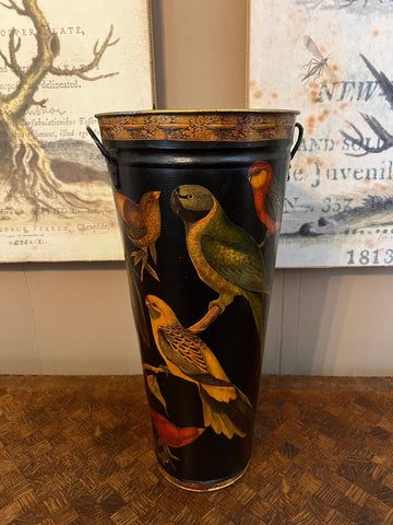 Vintage English Planter Jardiniere Urn Bird Decoupage Black Tole Aviary Décor