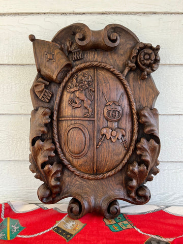 Antique French Gothic Wall Plaque Coat of Arms Carved Oak Renaissance c1890