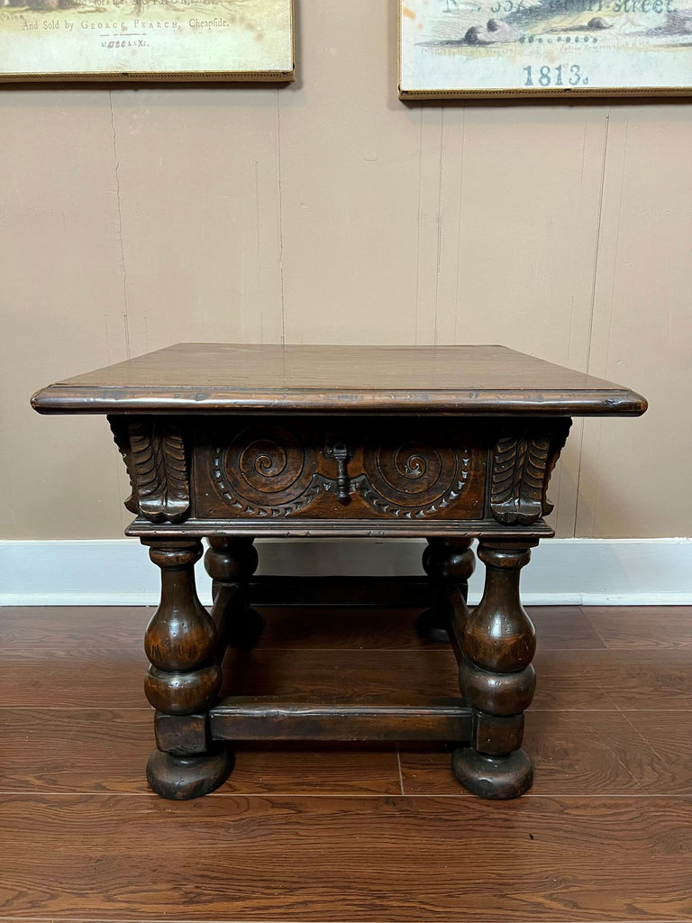 Antique English Side End Table Small Square Carved Oak Jacobean Revival c1910