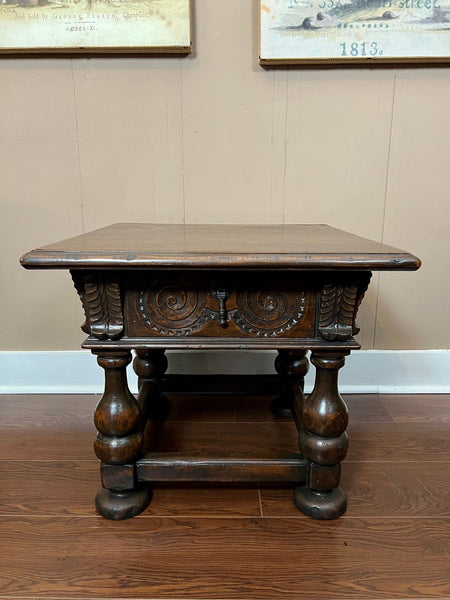 Antique English Side End Table Small Square Carved Oak Jacobean Revival c1910