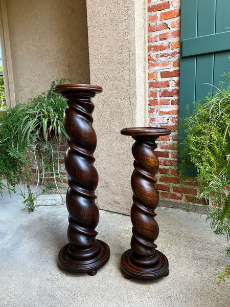 PAIR Set of 2 Antique French Pedestal Stand BARLEY TWIST Oak LARGE Plant Columns