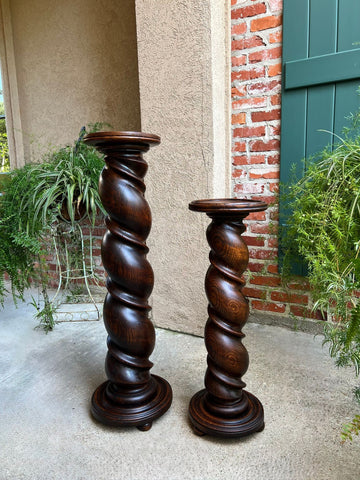 PAIR Set of 2 Antique French Pedestal Stand BARLEY TWIST Oak LARGE Plant Columns