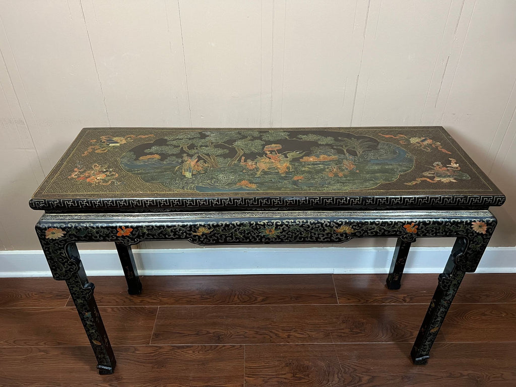 Vintage Chinese Console Table Black Lacquer Chinoiserie Gilt Hand Painted c1950