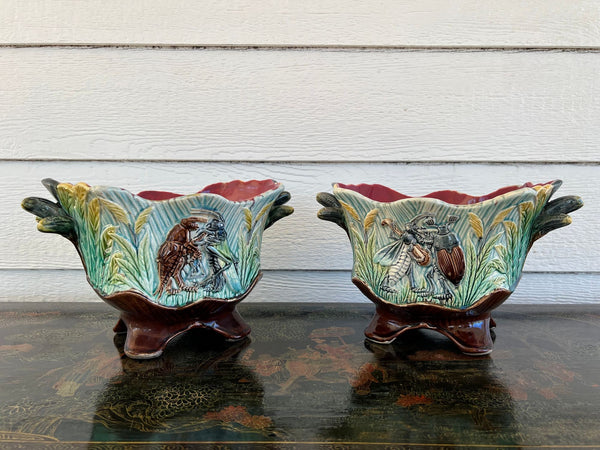 PAIR Antique French Majolica Jardinières Insect Musician Cache Pot Planter c1880