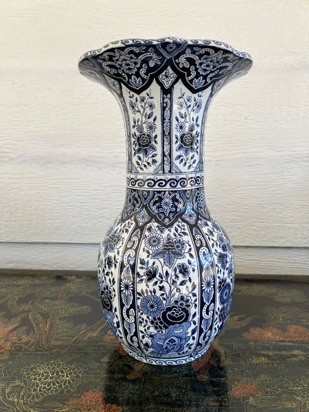 Vintage Large Delft Trumpet Vase Blue and White Floral Boch Royal Sphinx Urn