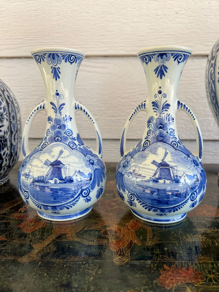 PAIR Petite Vintage Delft Vases Blue & White Windmilll Hand Painted Bud Vases