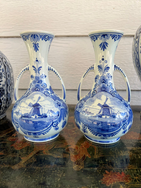 PAIR Petite Vintage Delft Vases Blue & White Windmilll Hand Painted Bud Vases