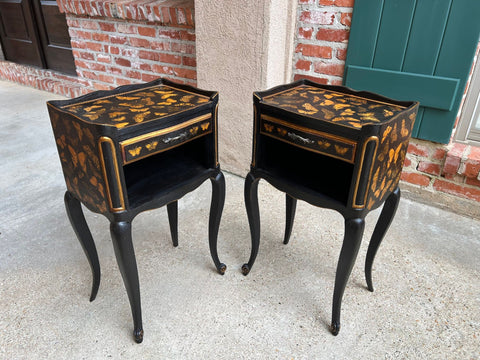 PAIR French Bedside Cabinets Chinoiserie Butterfly Gilt Lacquer Tables