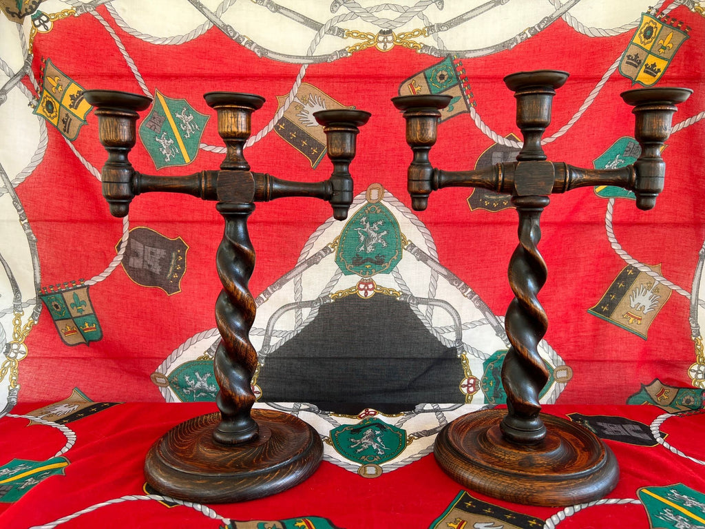PAIR Antique English Oak Barley Twist Candlesticks Candelabras Candle Holders