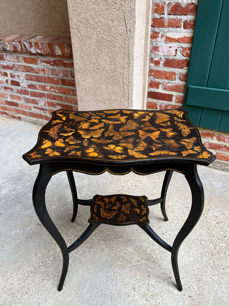 Vintage French Side Table Chinoiserie Butterfly Black Lacquer Hollywood Regency