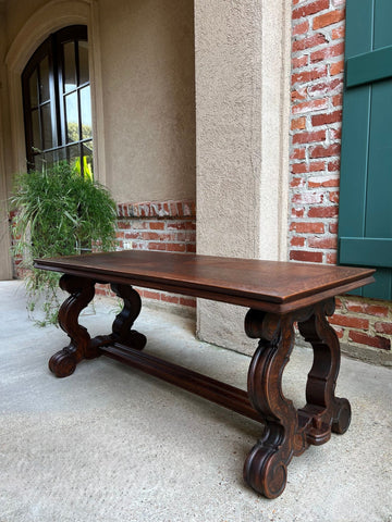 Antique French Coffee Table Carved Oak Bench Baroque Window Hall Seat c1900.