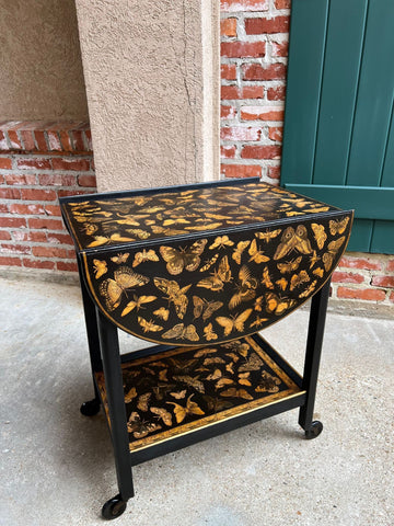 Vintage English Bar Cart Trolley Drop Leaf Chinoiserie Butterfly Lacquer Table