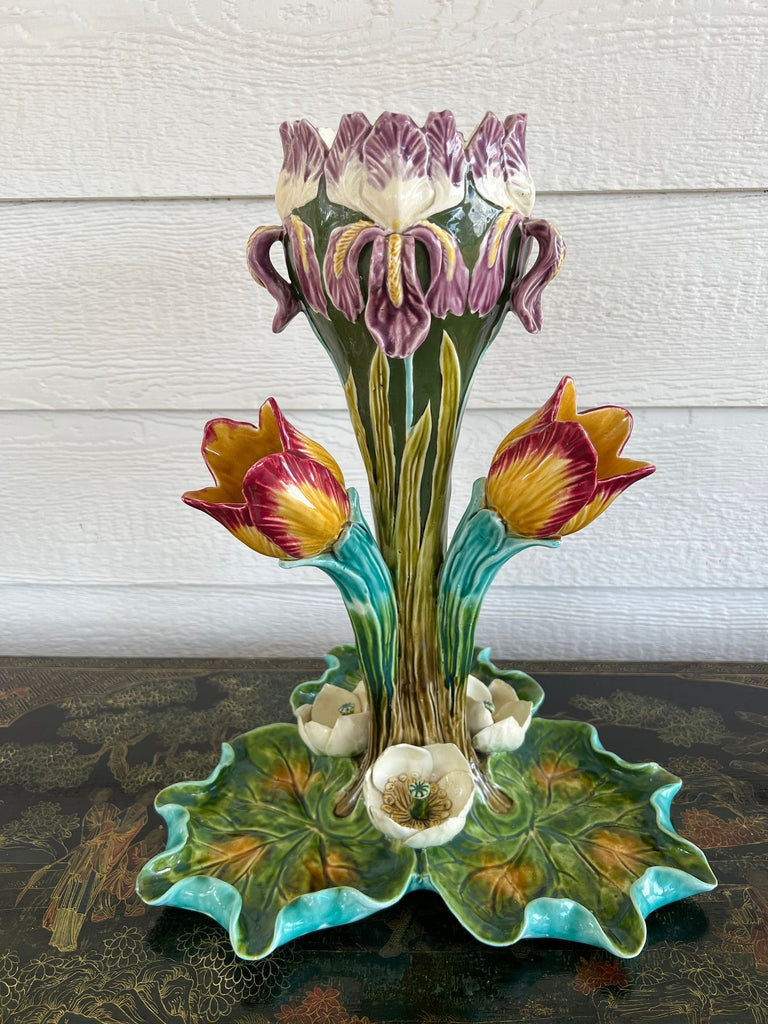 Antique French Majolica Vase Centerpiece Onnaing Art Nouveau Iris Tulip c1900
