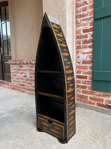 English Boat Form Etagere Black Lacquer Fish Decoupage Collection Bookshelf
